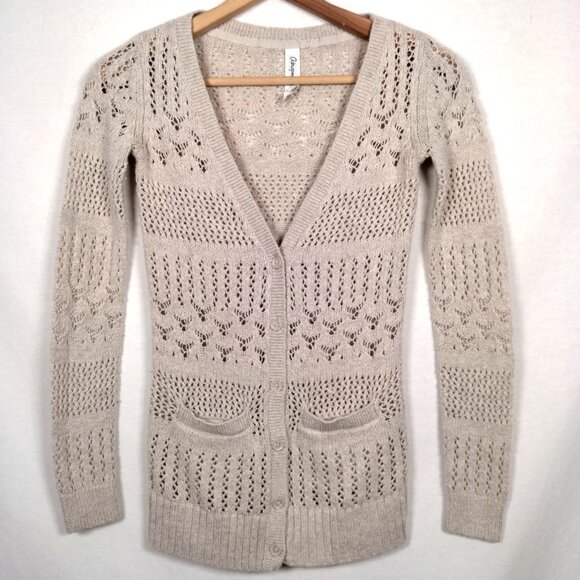 Aeropostale Cardigan Sweater Women XS Slim Fit Oatmeal Open Knit V Neck Y2K - Picture 1 of 15